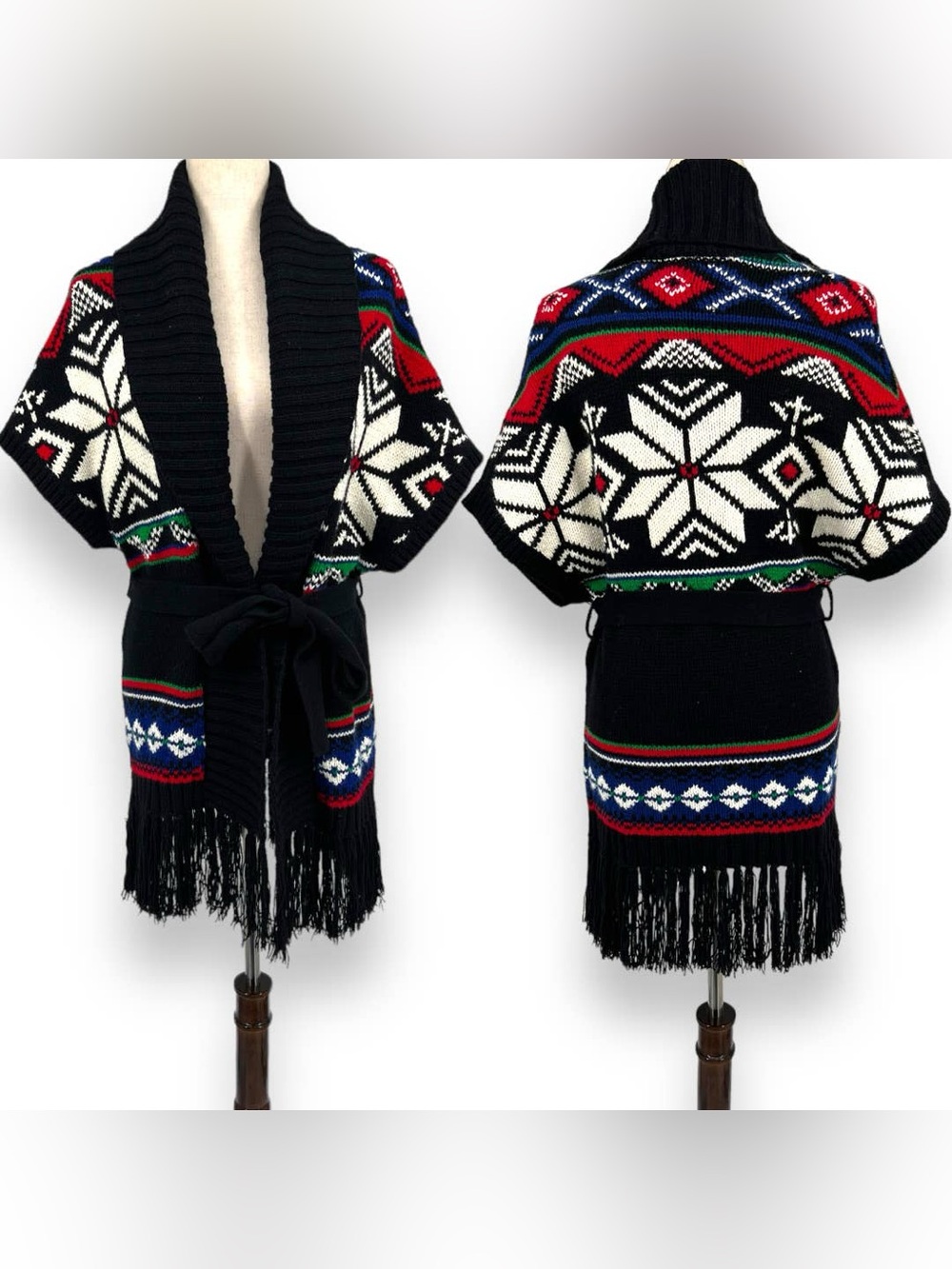 Ralph Lauren Fair Isle Snowflake Fringe Belted Cardigan Vest